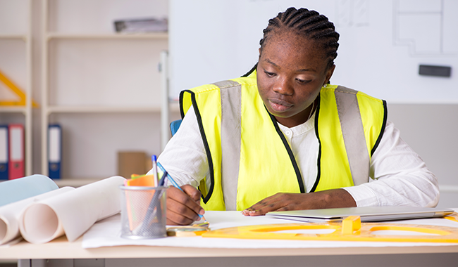 Black woman wearing high visibility vest and long sleeve white shirt sitting at a table with a writing utensil in her hand and papers on the table